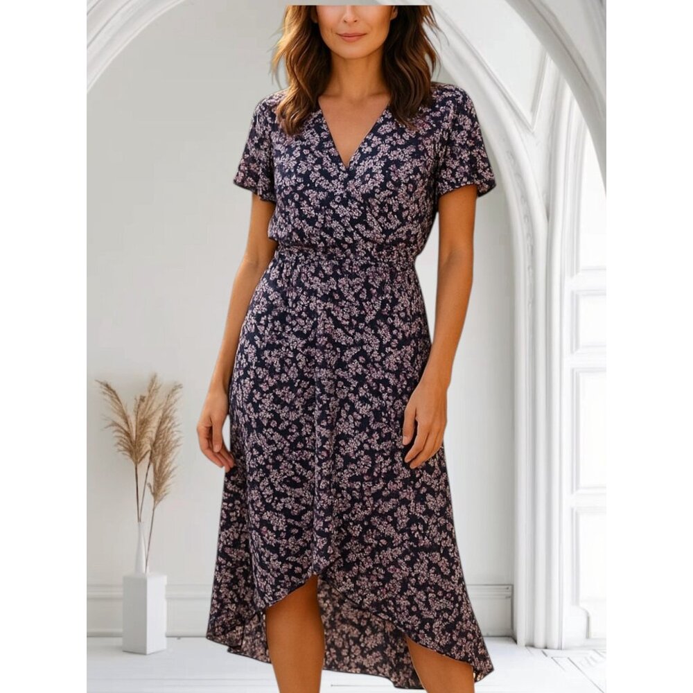 Floral Print High-Low Wrap Dress With Elastic Waist Short Sleeves Tie By Rokoko
